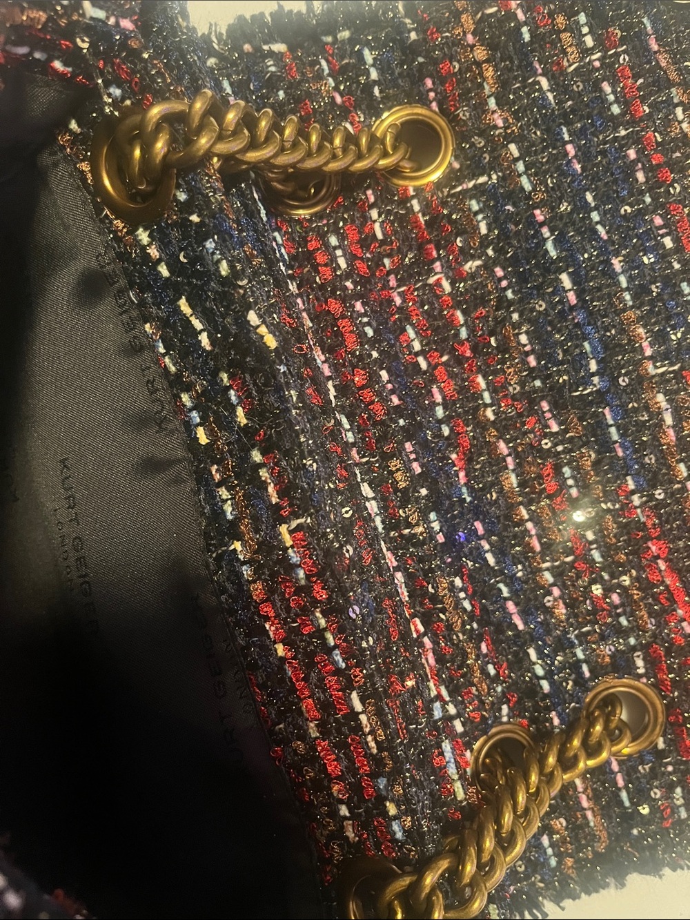 Kurt Geiger Kensington Tweed Shoulder Bag with Gold Chain - Black & Red Like New - Picture 6 of 10